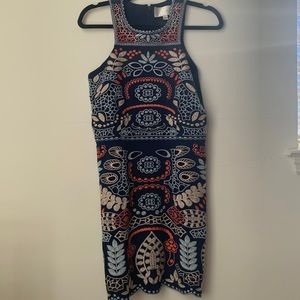 Navy blue embroidered dress. Knee-length on me (5’6”)